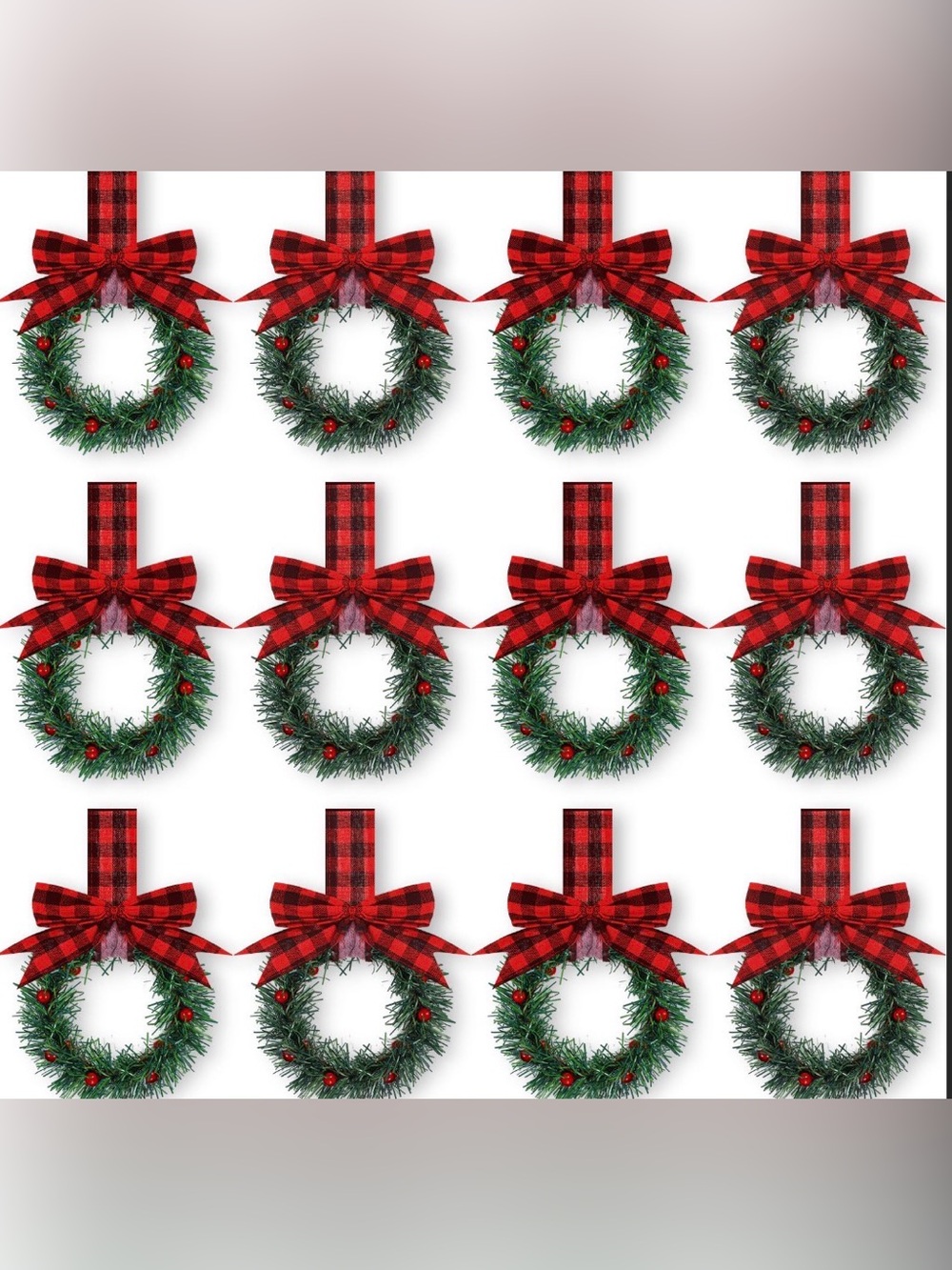 New. Set of 12 Pc Christmas Mini Wreaths Red Black Buffalo Plaid Cabinet Door De